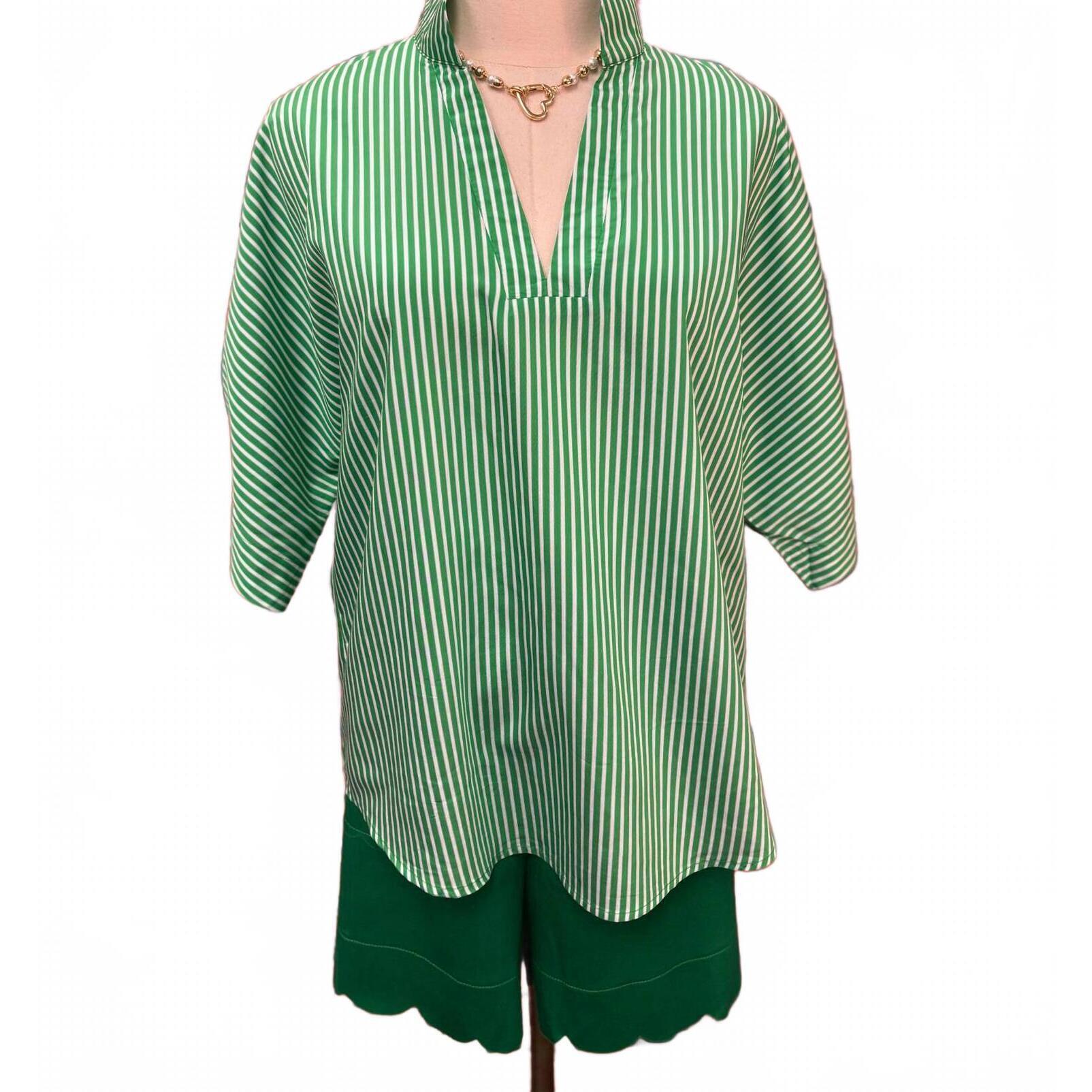 New Caryn Lawn Women's Striped Notch-Neck Blouse In Green & White